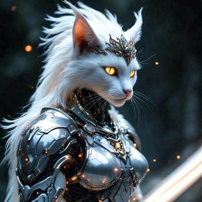 The primary subject of the image is a white cat with a gold crown on its head. The cat is wearing a silver armor, giving it a futuristic and fantastical appearance. The setting is a dark, possibly magical, environment, with the cat standing in front of a wall. The visual style is a combination of digital art and illustration, creating a unique and eye-catching image. The dominant colors are silver, gold, and black, giving the scene a sense of mystery and intrigue.